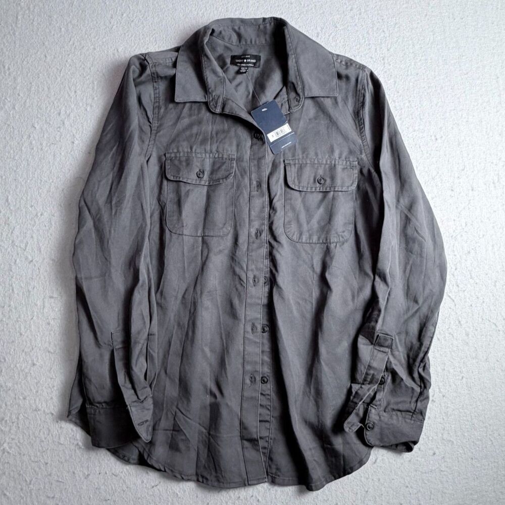 Women's Lucky Brand Utility Button Down Shirt Dark Gray XS with Pockets Country